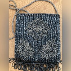 La Regale Silver Black Floral Beaded Small Crossbody Bag